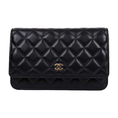 香奈兒 CHANEL 經典鏈子皮夾 菱格紋 CC LOGO AP0250 晶片款 黑金羊WOC 防塵袋