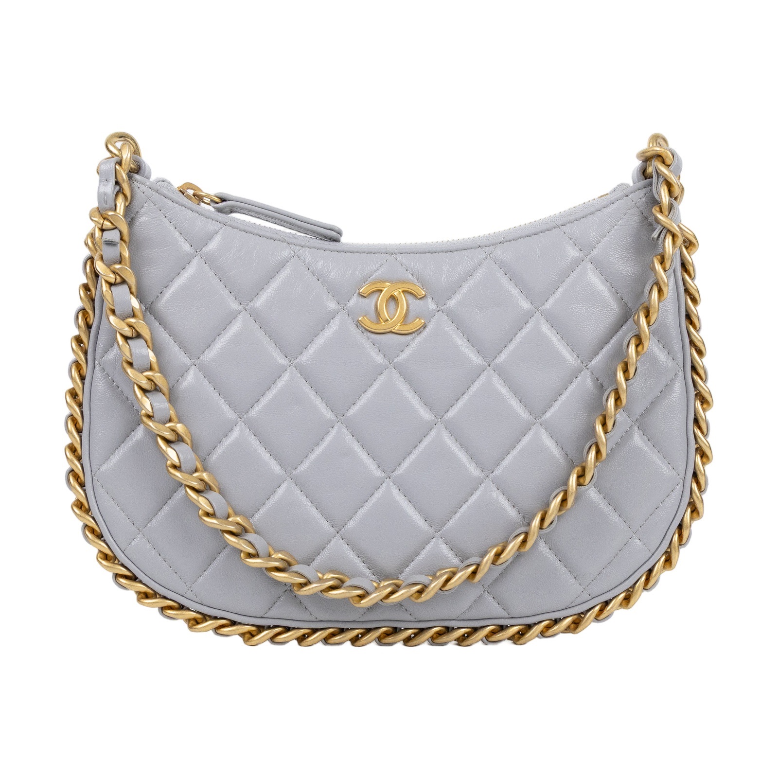 香奈兒 CHANEL cc logo 菱格紋 Hobo 嬉皮鏈條包 AP3486 晶片款 灰HOBO腋下包 原廠盒子/防塵袋