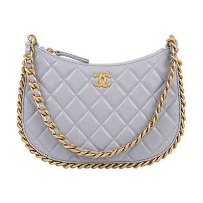 香奈兒 CHANEL cc logo 菱格紋 Hobo 嬉皮鏈條包 AP3486 晶片款 灰HOBO腋下包 原廠盒子/防塵袋