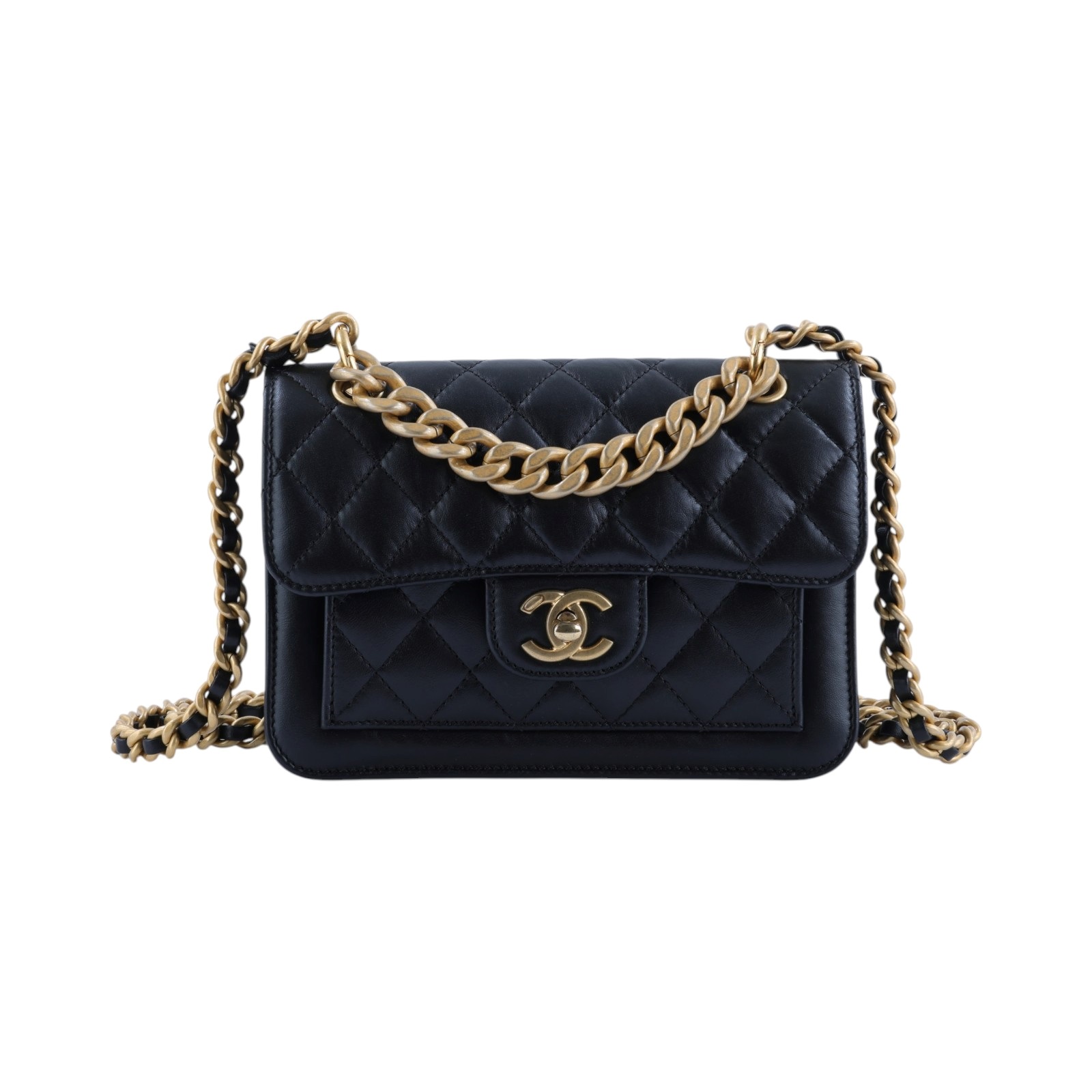 香奈兒 CHANEL Mini Flap 肩背包 斜背包 AS4051 晶片款 黑金豆腐包 防塵袋