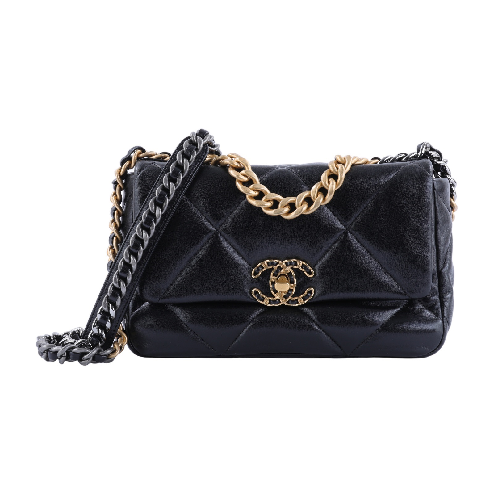 香奈兒 CHANEL 19 口蓋包 菱格紋 金銀鍊帶 手提 肩背包 AS1160 晶片款 黑金19包 26CM 防塵袋
