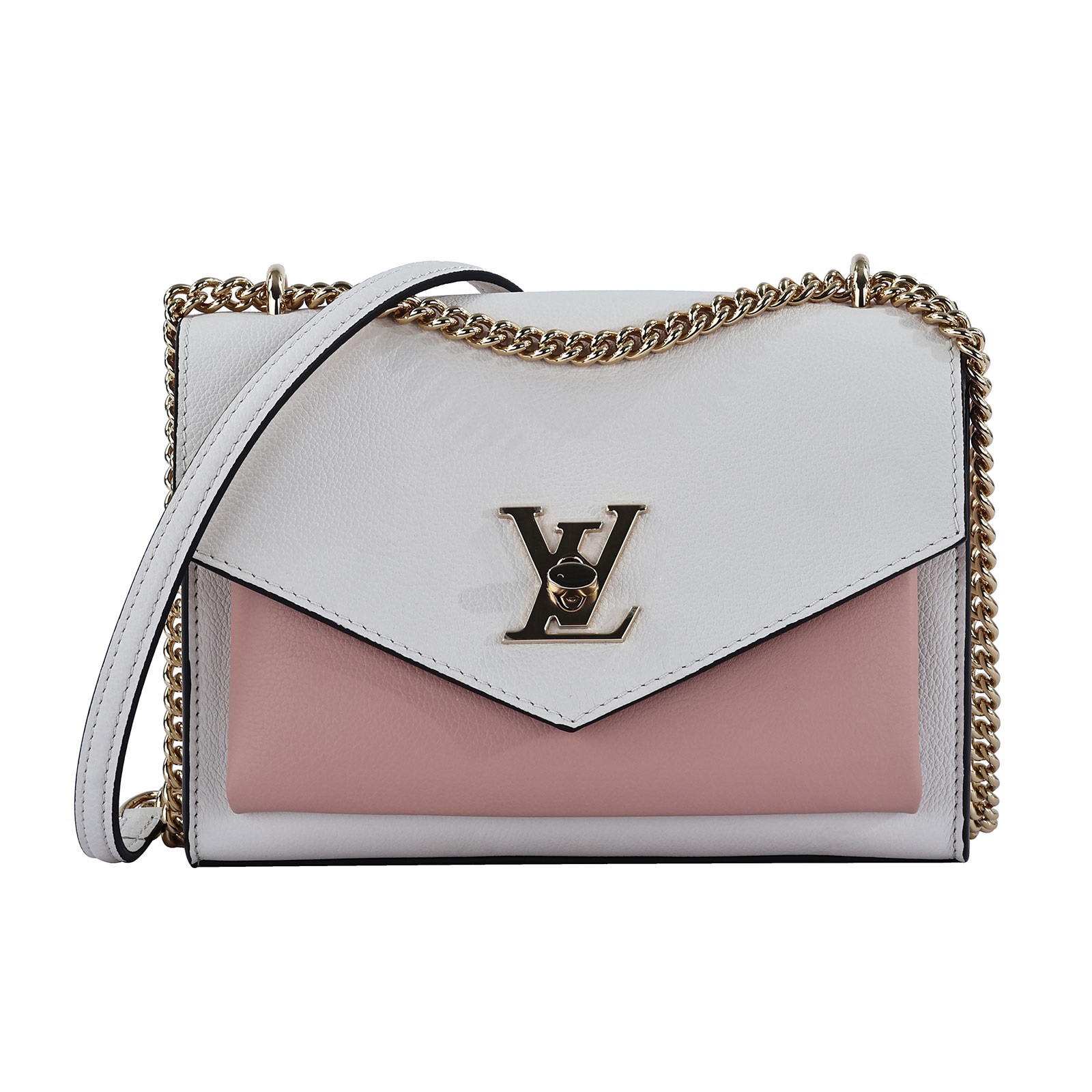 路易威登 LOUIS VUITTON Mylockme 鏈帶 手袋 肩背 手提包 M22190 晶片款 粉白MYLOCKME鍊條包 原廠盒子/防塵袋
