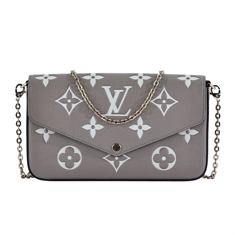 路易威登 LOUIS VUITTON Félicie Pochette 粒面壓花牛皮 翻蓋 斜背 鍊帶 肩背包 灰色 奶油色 M82610 晶片款  原廠盒子/防塵袋/內袋x2