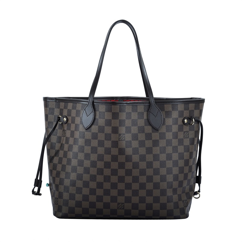 路易威登 LOUIS VUITTON Neverfull MM  棕棋盤格 肩背 購物袋 櫻桃紅內襯 N40599 晶片款  防塵袋/內袋