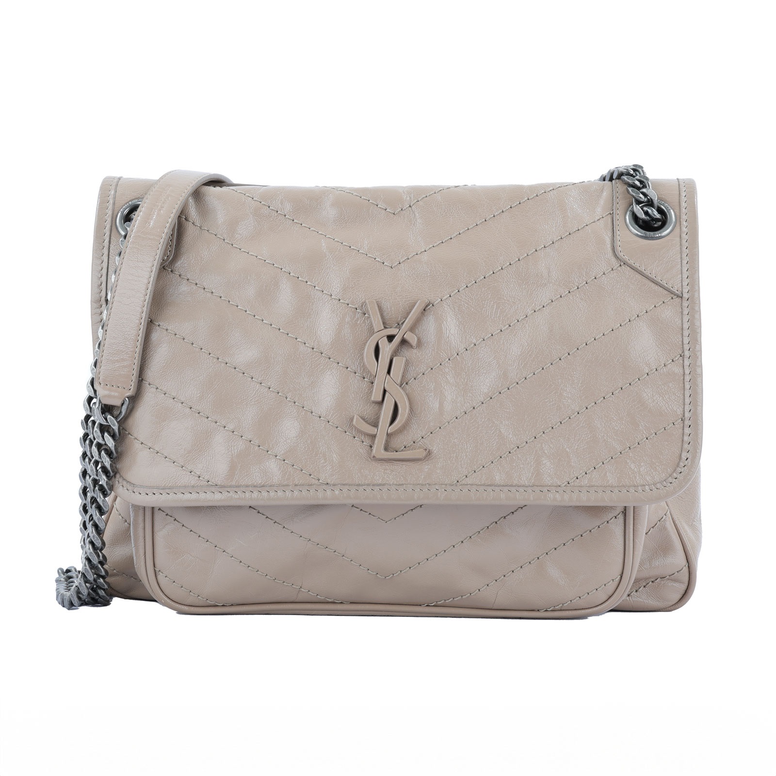 聖羅蘭 YSL SAINT LAURENT NIKI  復古皮革 山型紋 翻蓋 肩背包 中號 498894 奶茶色NIKI包 防塵袋