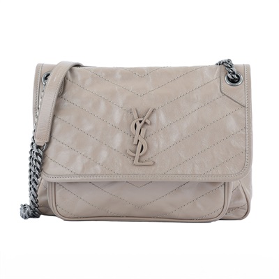 聖羅蘭 YSL SAINT LAURENT NIKI  復古皮革 山型紋 翻蓋 肩背包 中號 498894 奶茶色NIKI包 防塵袋