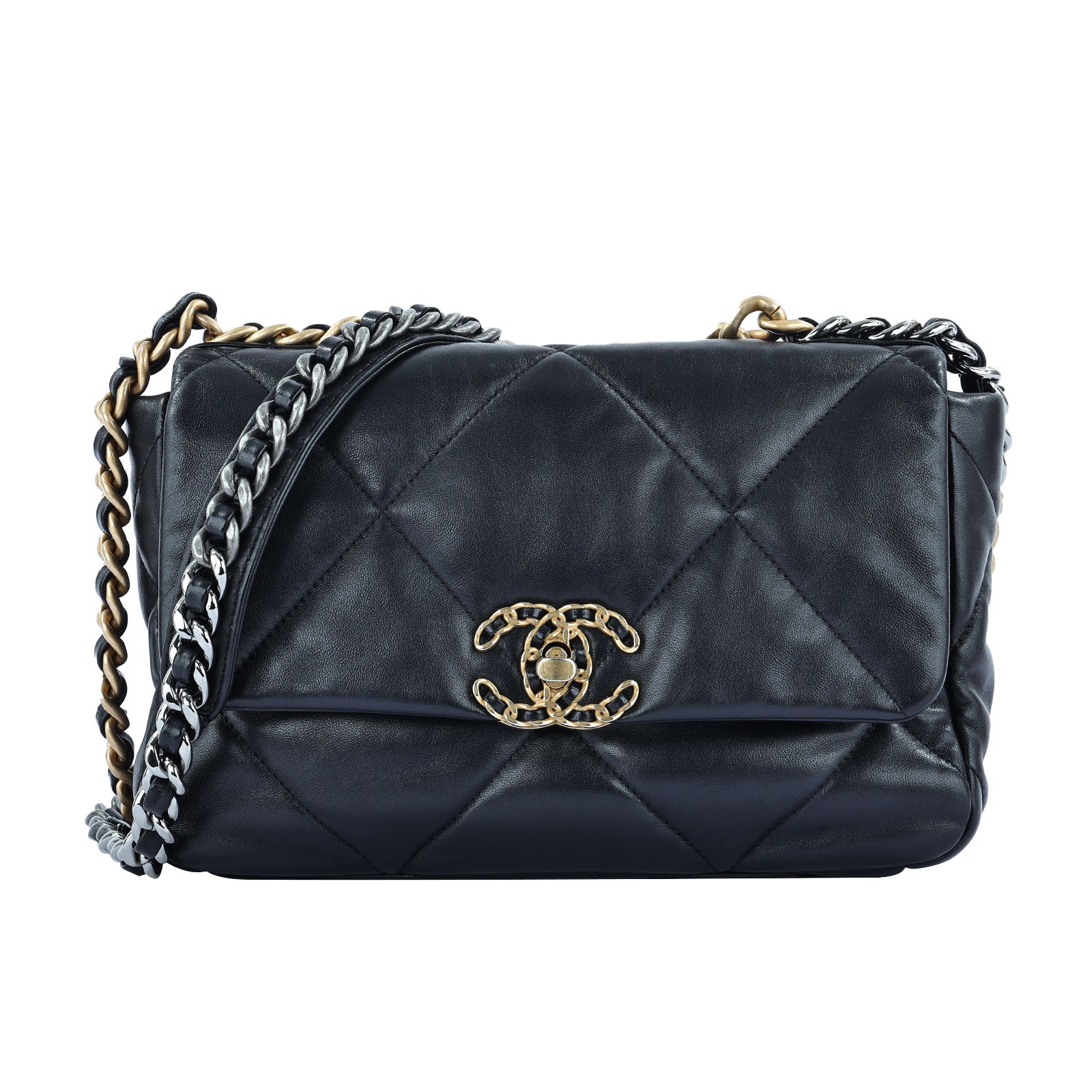 香奈兒 CHANEL 19 口蓋包 菱格紋 金銀鍊帶 手提 肩背包 AS1160 黑19包 26CM 原廠盒子/防塵袋