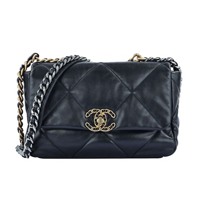 香奈兒 CHANEL 19 口蓋包 菱格紋 金銀鍊帶 手提 肩背包 AS1160 黑19包 26CM 原廠盒子/防塵袋