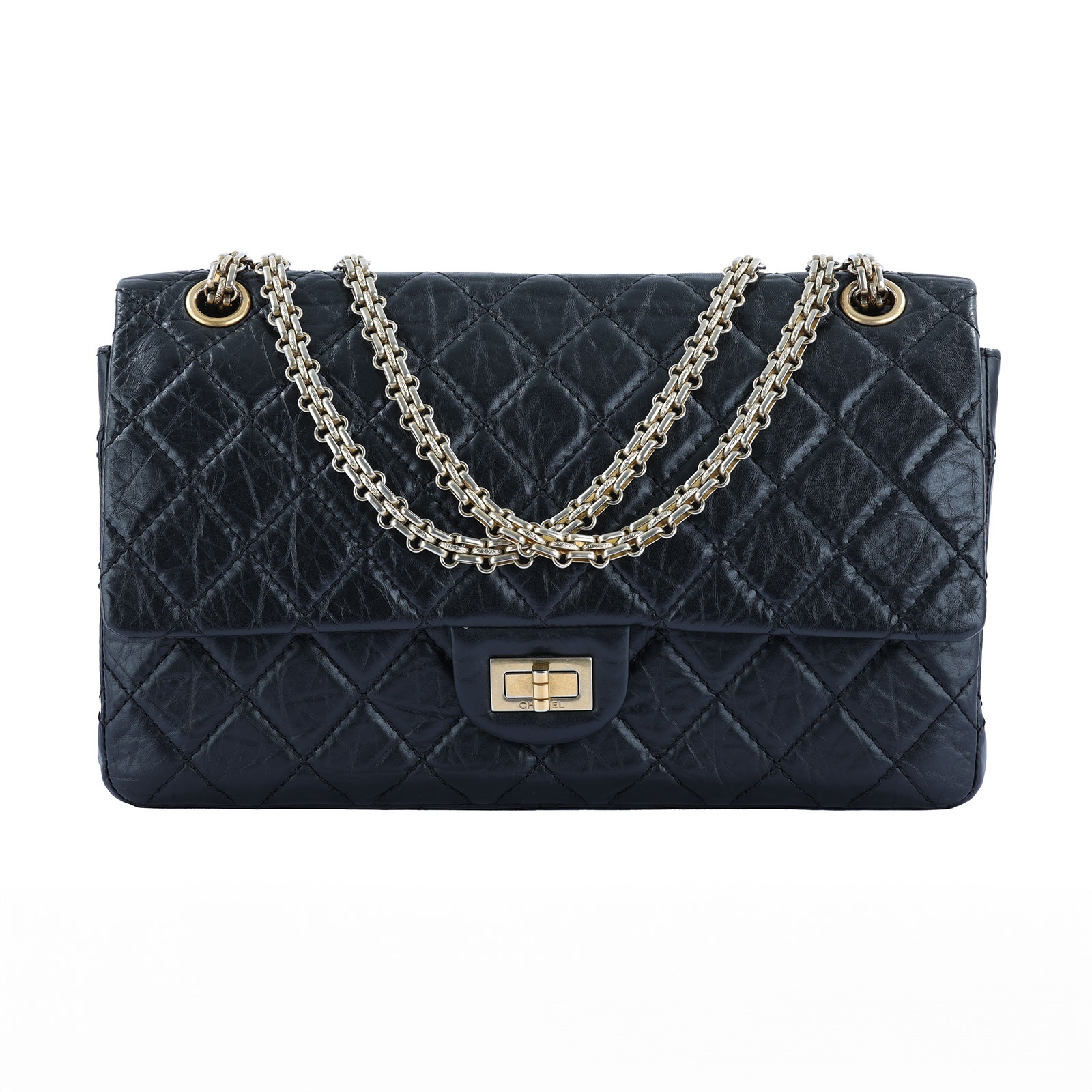 香奈兒 CHANEL 2.55 大型口蓋包 A37587 12開黑金仿舊牛2.55 28CM 原廠盒子