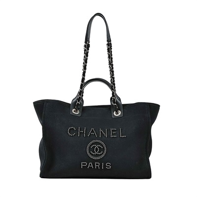 香奈兒 CHANEL 海灘包 大型  29開黑珠珠LOGO沙灘包 防塵袋/購買證明