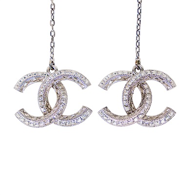 香奈兒 CHANEL 耳釘 18S 銀水鑽雙C垂墜耳環 原廠盒子/購買證明