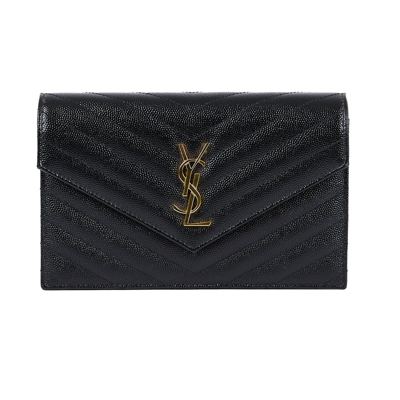 聖羅蘭 YSL SAINT LAURENT 山形紋 鏈袋 信封包 393953BOW01 黑金魚子醬WOC 無附屬品