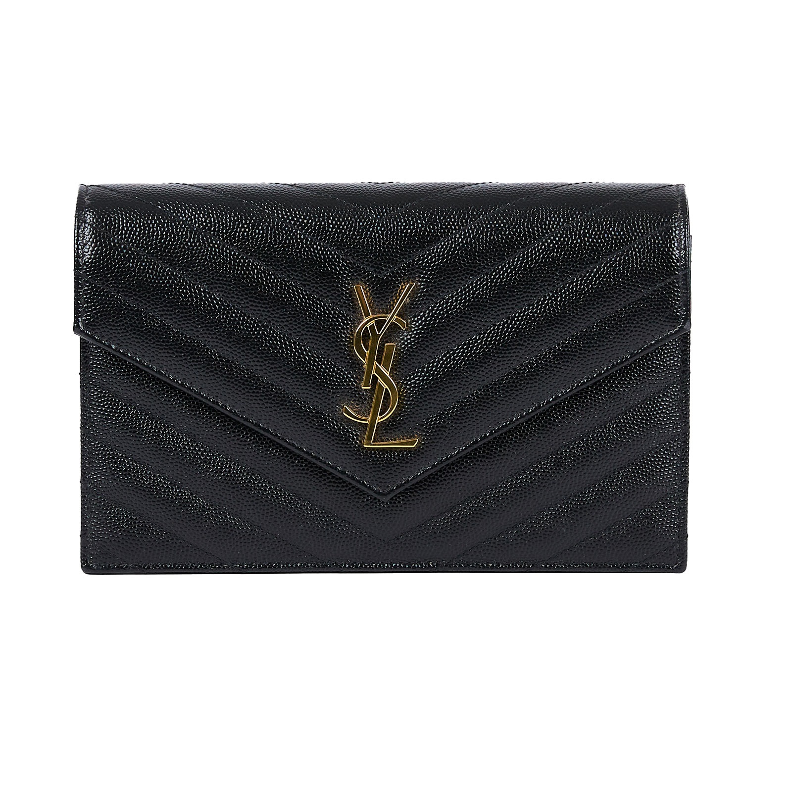 聖羅蘭 YSL SAINT LAURENT 山形紋 鏈袋 信封包 393953BOW01 黑金魚子醬WOC 無附屬品
