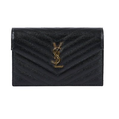 聖羅蘭 YSL SAINT LAURENT 山形紋 鏈袋 信封包 393953BOW01 黑金魚子醬WOC 無附屬品