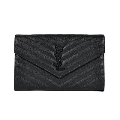 聖羅蘭 YSL SAINT LAURENT Cassandre 經典粒面皮革 鏈條 錢包 377828BOW08 黑魚子醬WOC 無附屬品