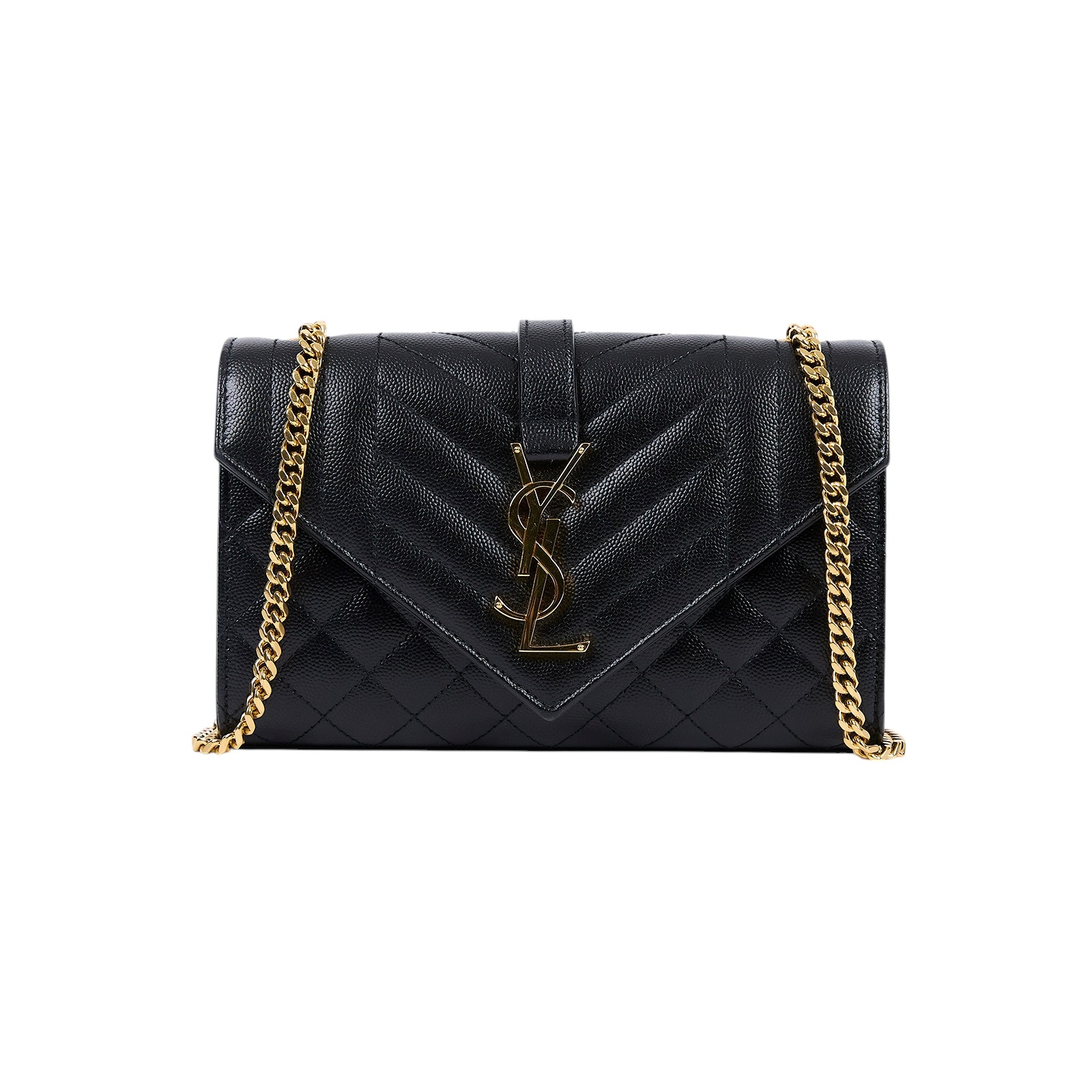 聖羅蘭 YSL SAINT LAURENT Envelope 粒面絎縫皮革 小型 信封袋 600195BOW91 黑縫線粒面壓紋皮革信封包 購買證明
