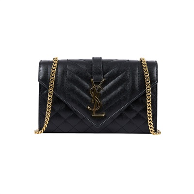 聖羅蘭 YSL SAINT LAURENT Envelope 粒面絎縫皮革 小型 信封袋 600195BOW91 黑縫線粒面壓紋皮革信封包 購買證明
