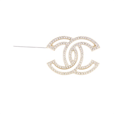 香奈兒 CHANEL 胸針 飾品 A21 V 淡金色水鑽LOGO胸針 無附屬品