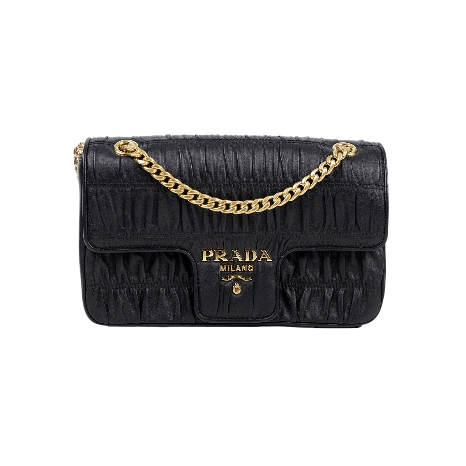 普拉達 PRADA Gaufre 肩背 口蓋包 1BD235_2B25 黑抓皺鍊包 防塵袋/保證卡