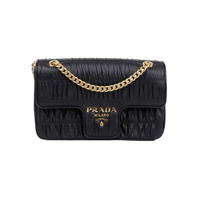 普拉達 PRADA Gaufre 肩背 口蓋包 1BD235_2B25 黑抓皺鍊包 防塵袋/保證卡