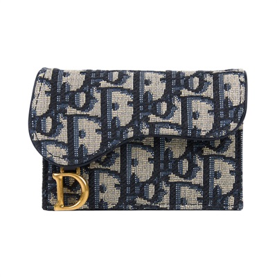 迪奧 CHRISTIAN DIOR Saddle 翻蓋卡片套 卡夾 緹花 S5611CTZQ 藍saddle卡包 防塵袋/原廠盒子/購買證明