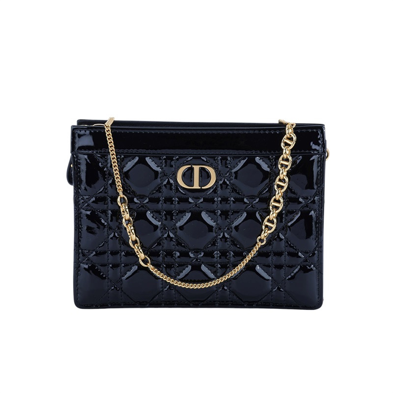 迪奧 CHRISTIAN DIOR Caro Pouch With Chain 拉鍊 鏈帶包 漆皮 S5106UWFQ 黑漆皮CARO鍊包 防塵袋
