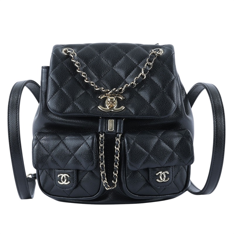香奈兒 CHANEL Duma 經典 CC Logo 菱格紋 雙肩 後背包 AS3860 晶片款 黑金荔枝DUMA雙口袋後背包 原廠盒子/國外購買證明