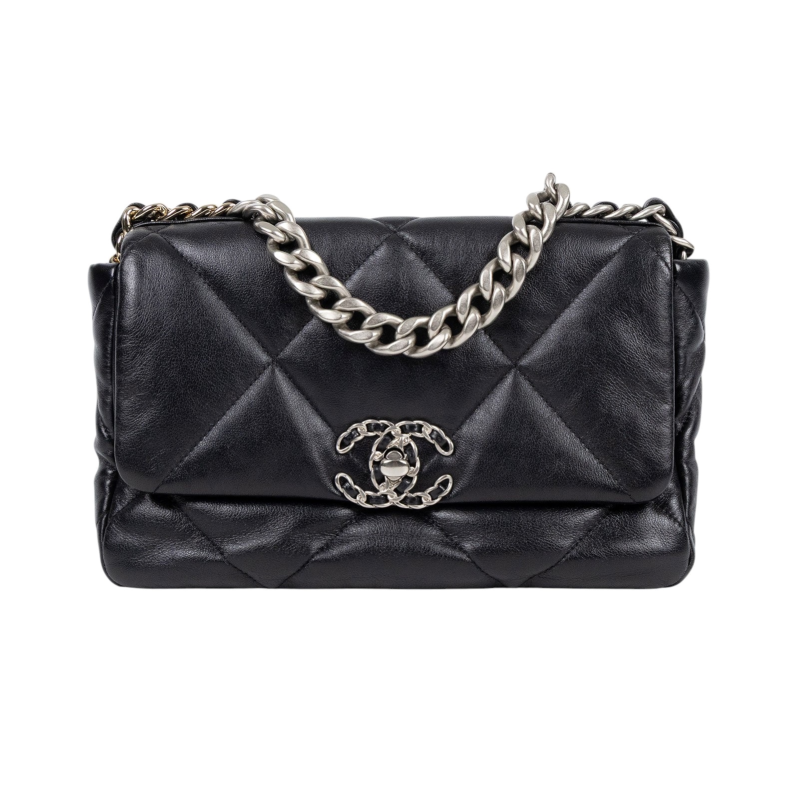 香奈兒 CHANEL 19 口蓋包 菱格紋 金銀鍊帶 手提 肩背包 AS1160 B07327 黑銀19包 26CM 原廠盒子/防塵袋/購買證明影本