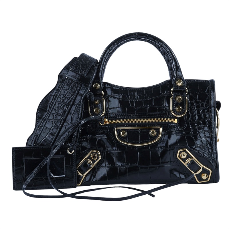 巴黎世家 BALENCIAGA Giant Mini City 鱷魚壓紋 機車包 3901601RO6G 黑金鱷魚壓紋MINI CITY 防塵袋/購買證明