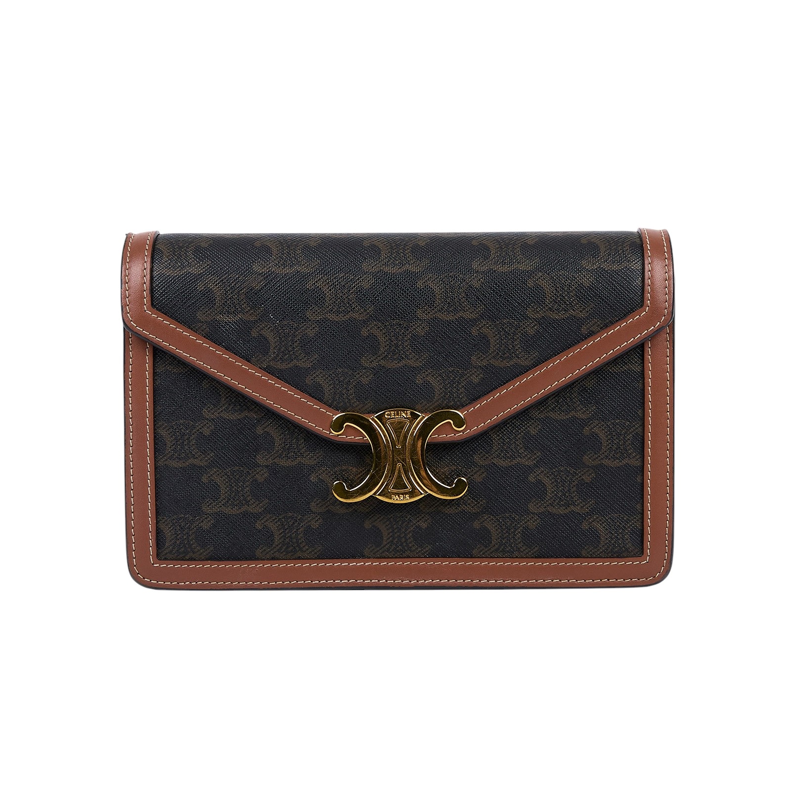 思琳 CELINE Margo 標誌印花 飾鍊錢包 10L462DQB 黃褐色凱旋門帆布MARGO WOC 防塵袋/購買證明