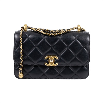 香奈兒 CHANEL 雙金球 經典 斜背 口蓋包 AS2615 晶片款 黑金羊雙金球掀蓋包 原廠盒子/防塵袋