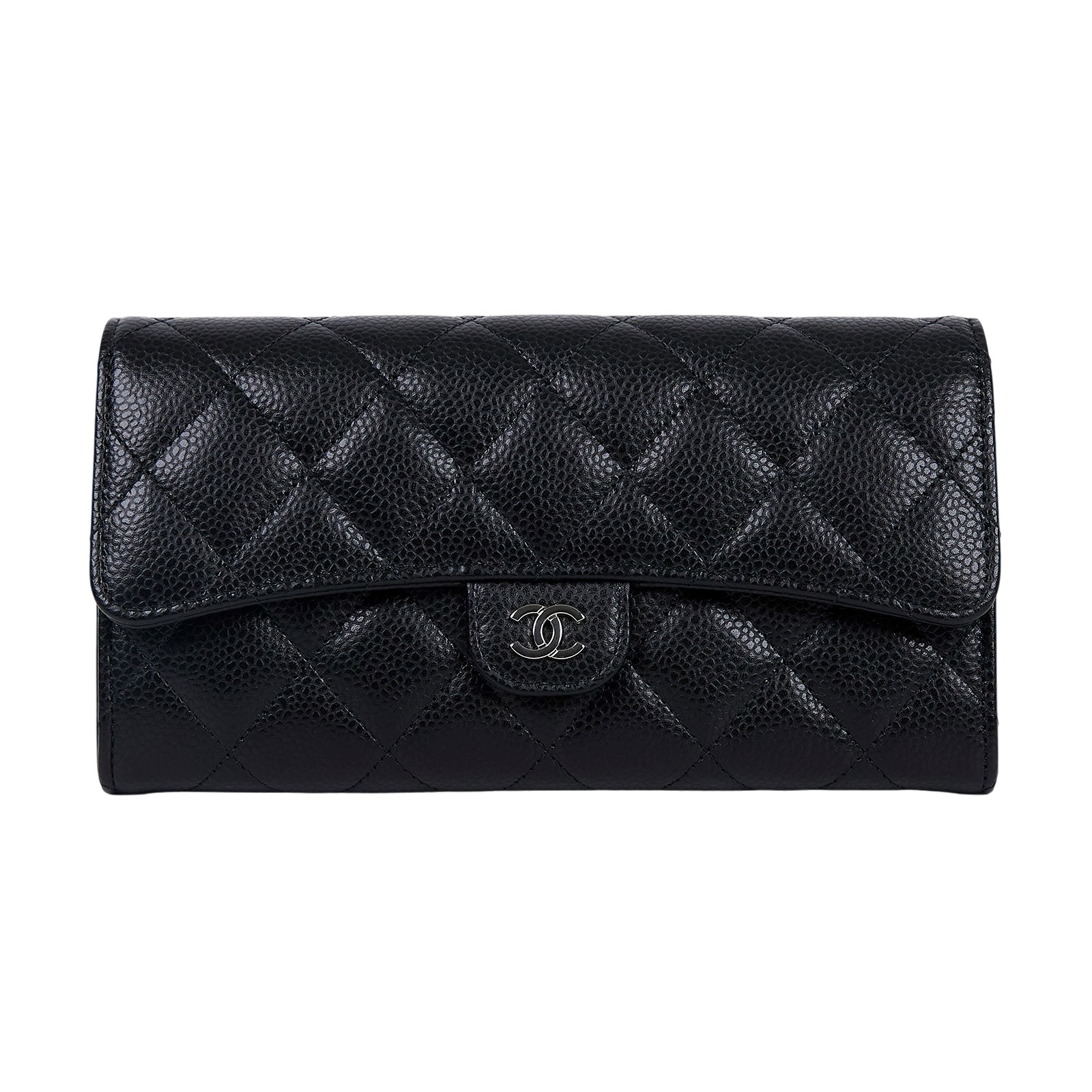 香奈兒 CHANEL CC LOGO 荔枝皮 菱格紋 扣式 長夾 A80758 晶片款 黑銀荔枝COCO長夾 防塵袋