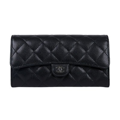 香奈兒 CHANEL CC LOGO 荔枝皮 菱格紋 扣式 長夾 A80758 晶片款 黑銀荔枝COCO長夾 防塵袋