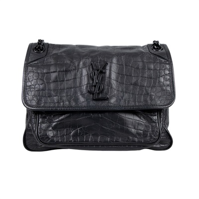 聖羅蘭 YSL SAINT LAURENT Niki 復古皮革 中型手袋 5489421K00U 黑鱷魚壓紋NIKI 中 原廠盒子/防塵袋/購買證明