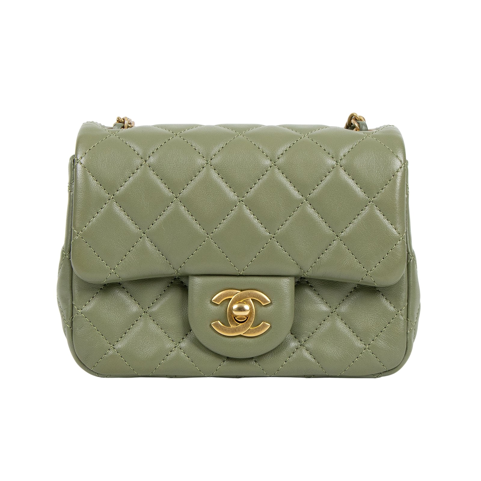 香奈兒 CHANEL 金球 方胖 口蓋包 羊皮 Mini Square Coco 綠色 C872X1KH 綠羊金球方胖 原廠盒子/防塵袋