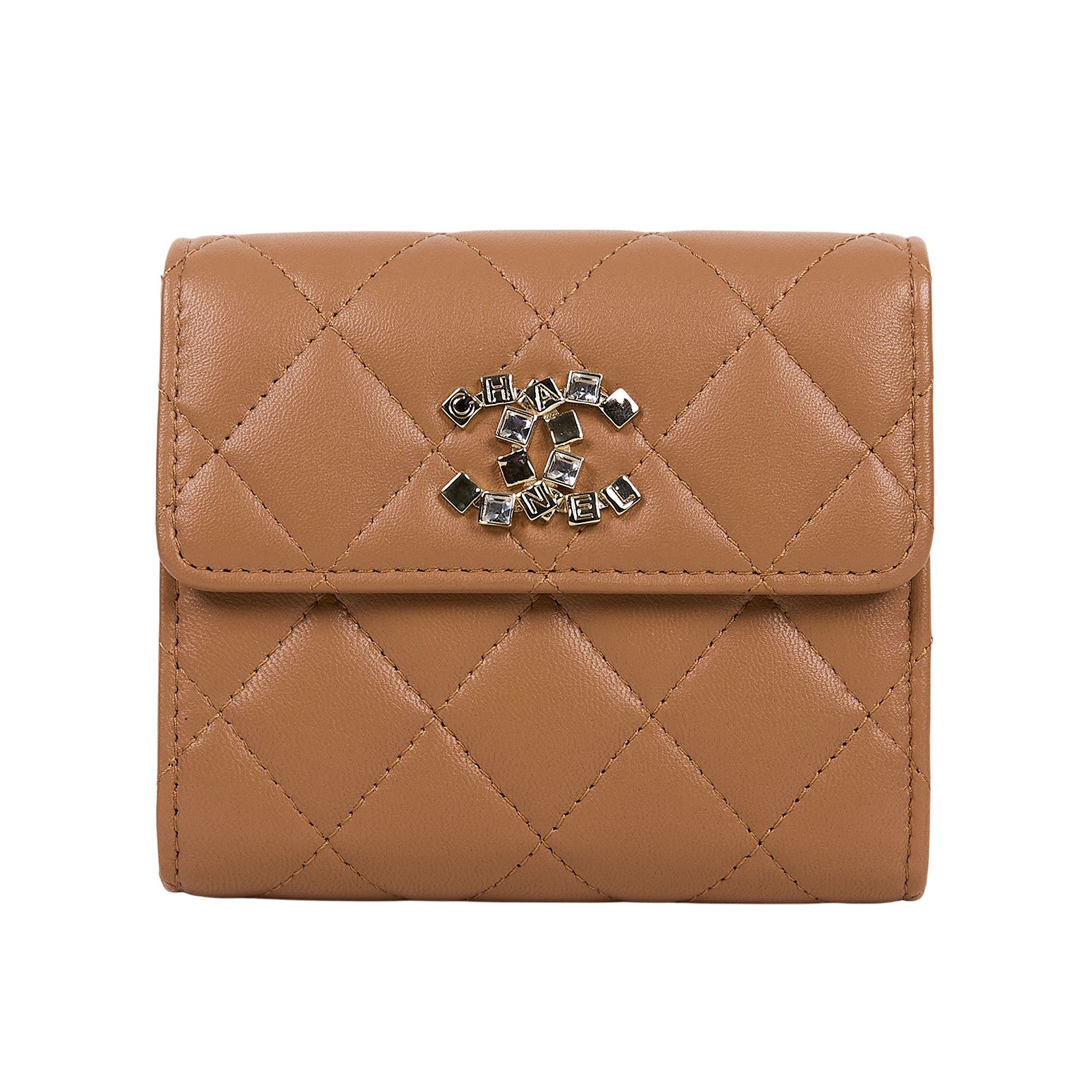 香奈兒 CHANEL 錢包 短夾 AP3839 晶片款 焦糖水鑽羊皮三折短夾 原廠盒子/防塵袋