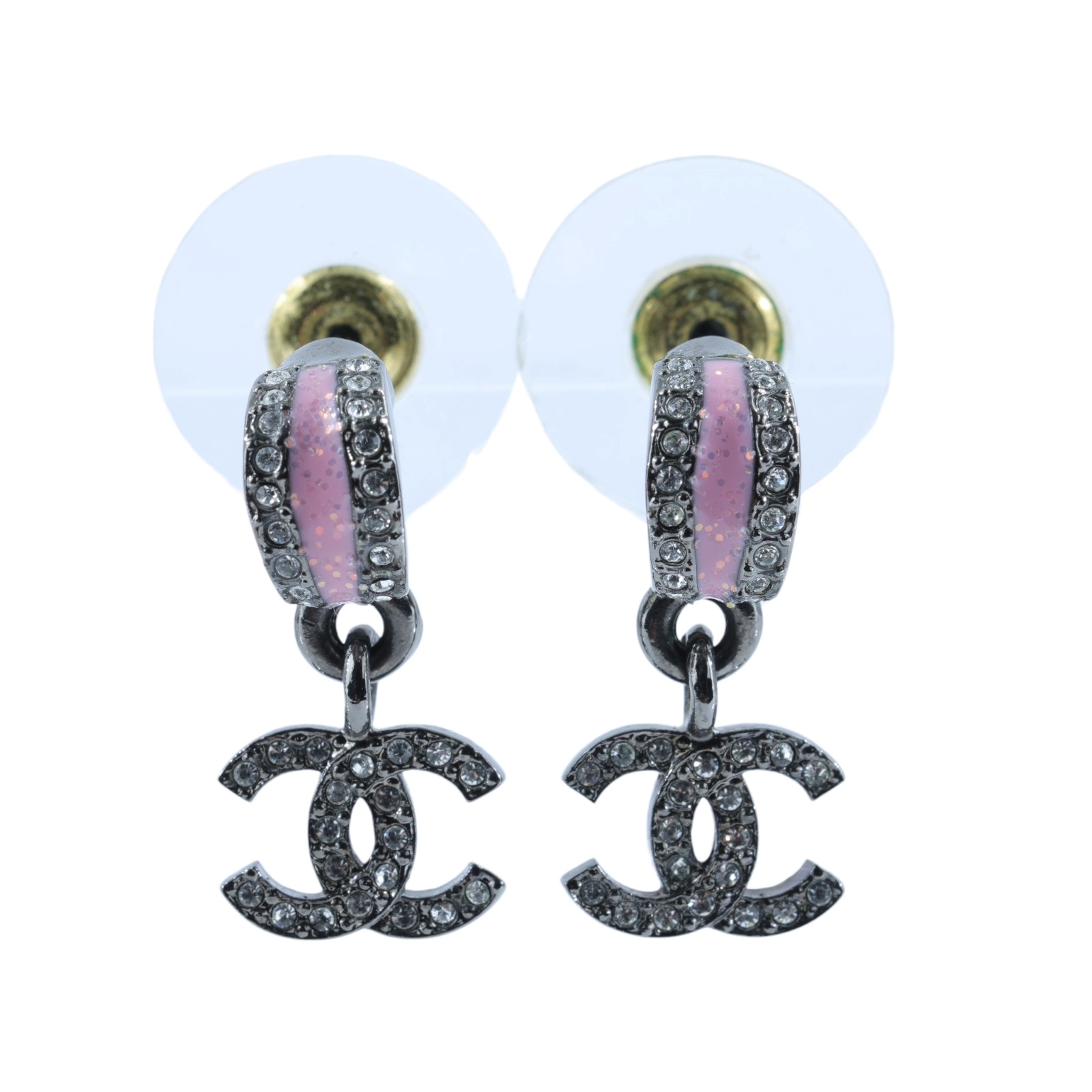 香奈兒 CHANEL CC 耳環 C25 B 鍍黑拚粉鑲水鑽耳環 原廠盒子