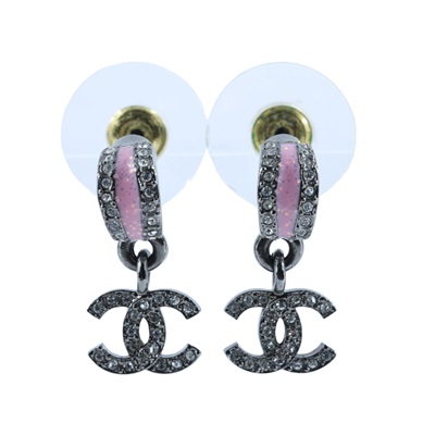 香奈兒 CHANEL CC 耳環 C25 B 鍍黑拚粉鑲水鑽耳環 原廠盒子