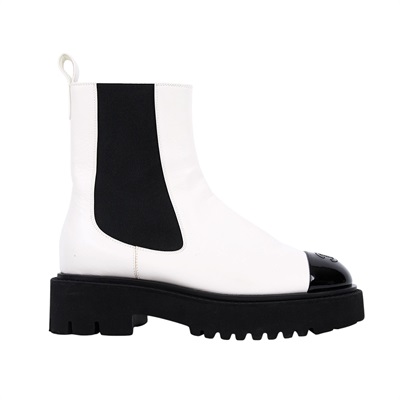 香奈兒 CHANEL Calfskin Cap Toe CC 短靴 G38218_375 白黑漆皮鞋頭靴 購買證明