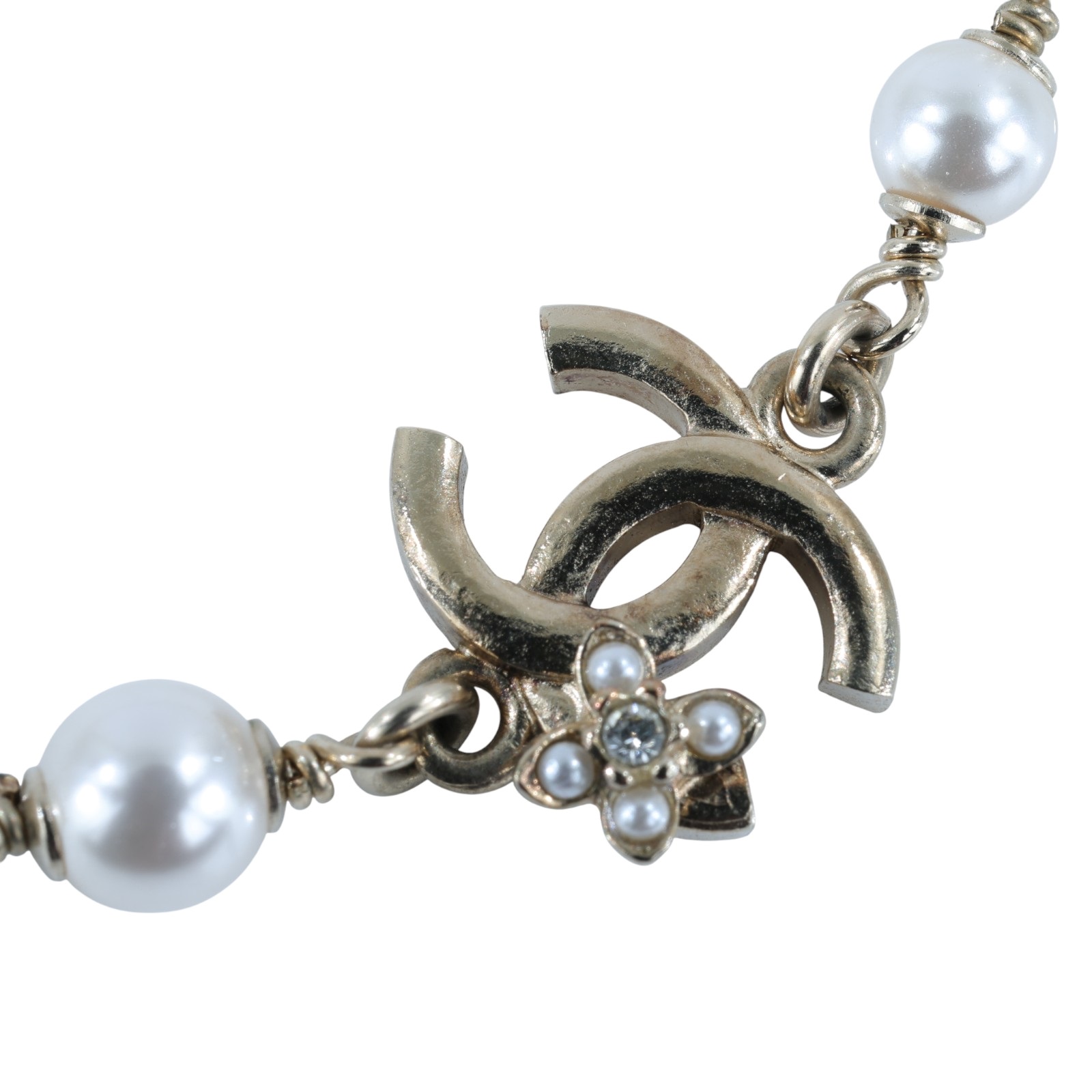 香奈兒 CHANEL CC 珍珠 長項鍊 C23 K 淡金雙C花珍珠項鍊 原廠盒子