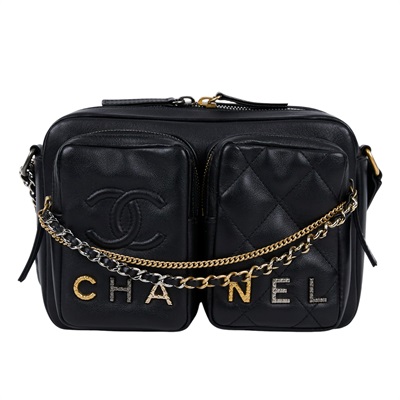 香奈兒 CHANEL 雙口袋 相機包 拉鍊 斜背包 AS2923 晶片款 黑羊炸藥包 原廠盒子/防塵袋