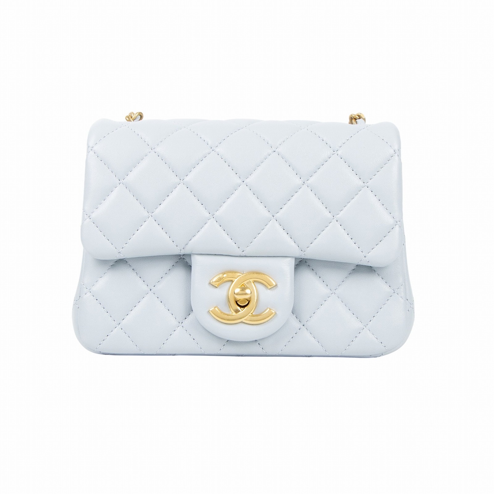 香奈兒 CHANEL CF 方形 迷你 口蓋包  晶片款 淺灰藍雙C調節扣COCO17方胖 原廠盒子/防塵袋