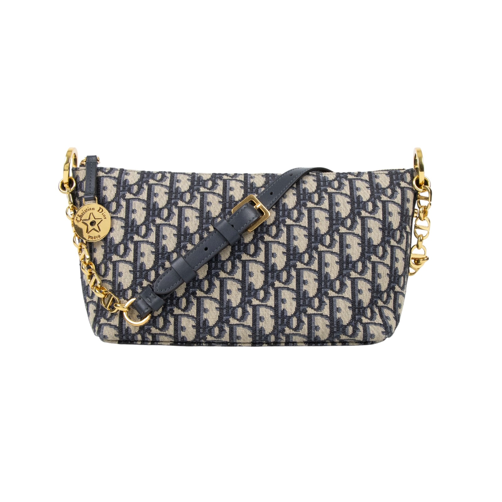 迪奧 CHRISTIAN DIOR Diorstar 附鏈帶 流浪包 S3202UTZQ 藍金帆布STAR HOBO包 防塵袋/購買證明