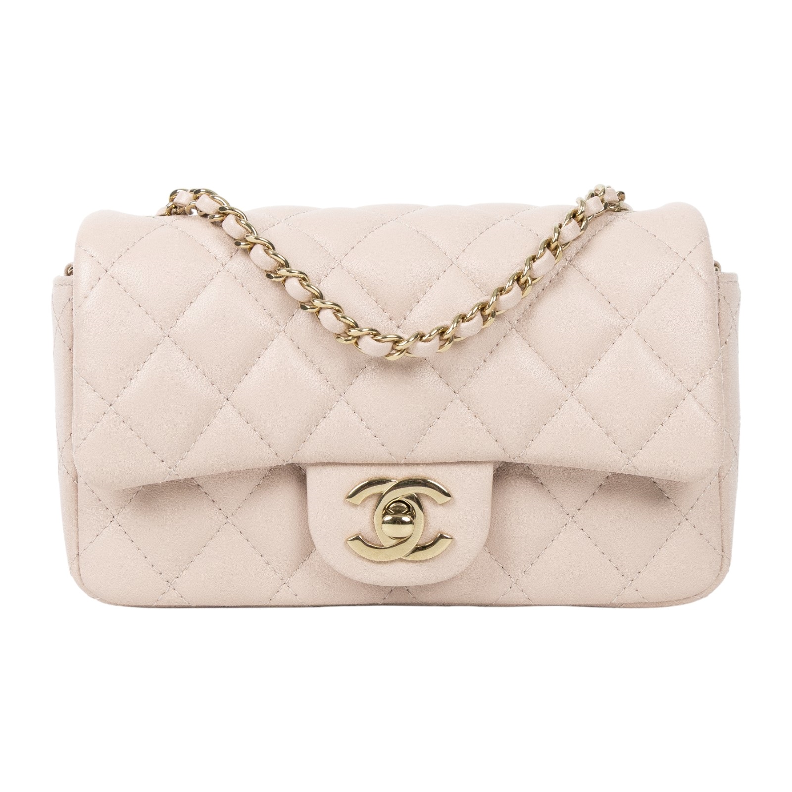 香奈兒 CHANEL Mini CF 口蓋包 斜背包 AS5219 晶片款 淡金粉羊皮掀蓋18CM 原廠盒子/防塵袋