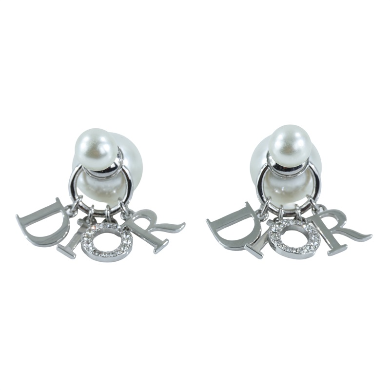 迪奧 CHRISTIAN DIOR Tribales 耳釘 E1411TRICY 珍珠水鑽LOGO吊墜耳環 原廠盒子/防塵袋