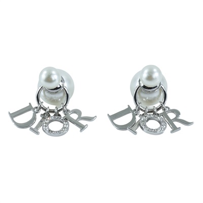 迪奧 CHRISTIAN DIOR Tribales 耳釘 E1411TRICY 珍珠水鑽LOGO吊墜耳環 原廠盒子/防塵袋