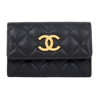 香奈兒 CHANEL 菱格 口蓋 卡夾 AP3523 晶片款 黑荔枝金雙C卡包 原廠盒子/防塵袋