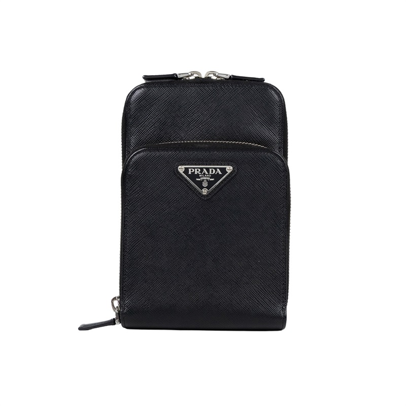普拉達 PRADA Saffiano皮革 智能手機套 2ZH126_053 黑亮面皮革雙層肩背包 原廠盒子/保證卡
