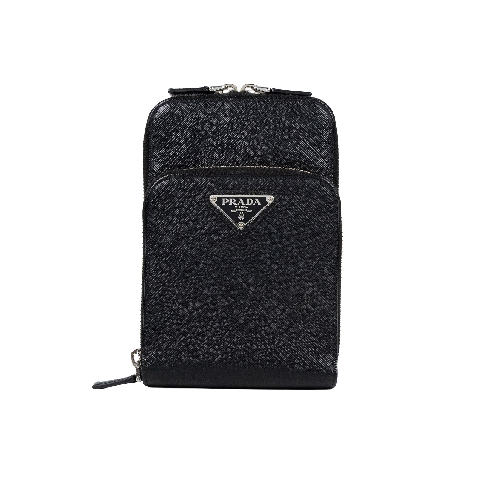 普拉達 PRADA Saffiano皮革 智能手機套 2ZH126_053 黑亮面皮革雙層肩背包 原廠盒子/保證卡