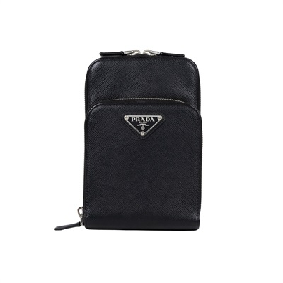 普拉達 PRADA Saffiano皮革 智能手機套 2ZH126_053 黑亮面皮革雙層肩背包 原廠盒子/保證卡